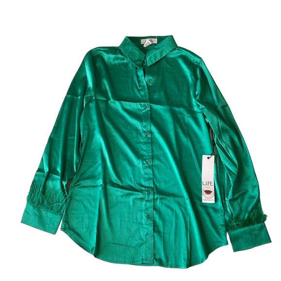 L.O.V.E. Green Button Down Blouse Large Satin Love Is For Eternity Feather Trim - Picture 1 of 6